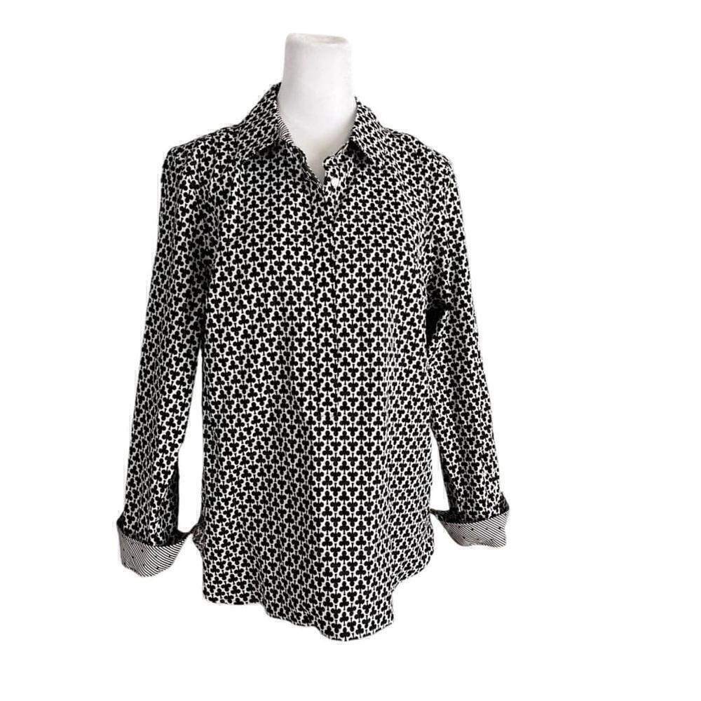Talbots Womens Black White Clubs Clover Design Half Button Blouse Size 12 Petite